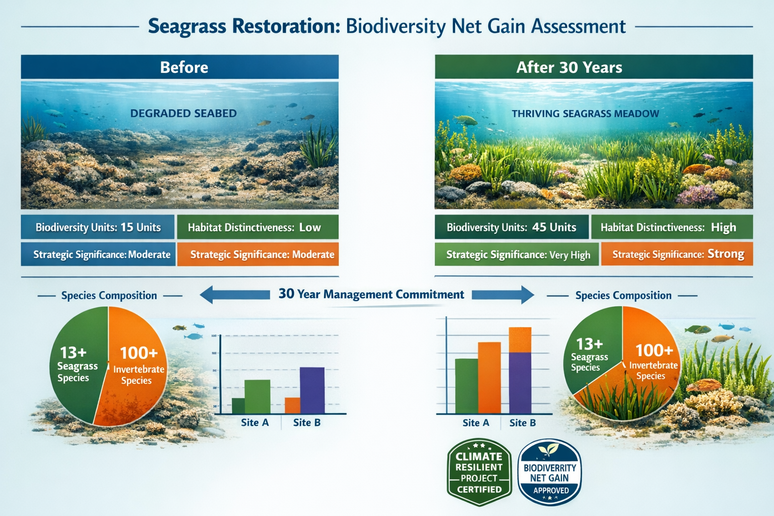 () detailed visualization of biodiversity net gain assessment framework specifically for seagrass restoration projects.