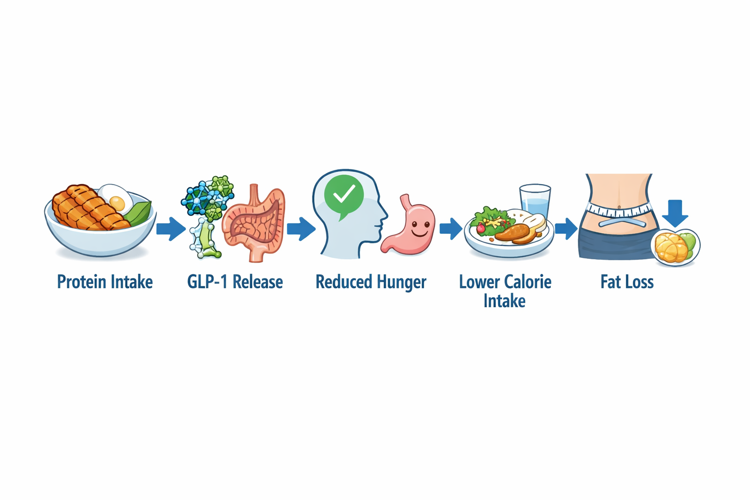 Visual diagram showing how protein affects satiety hormones and blood sugar stability — a simple flowchart with icons: