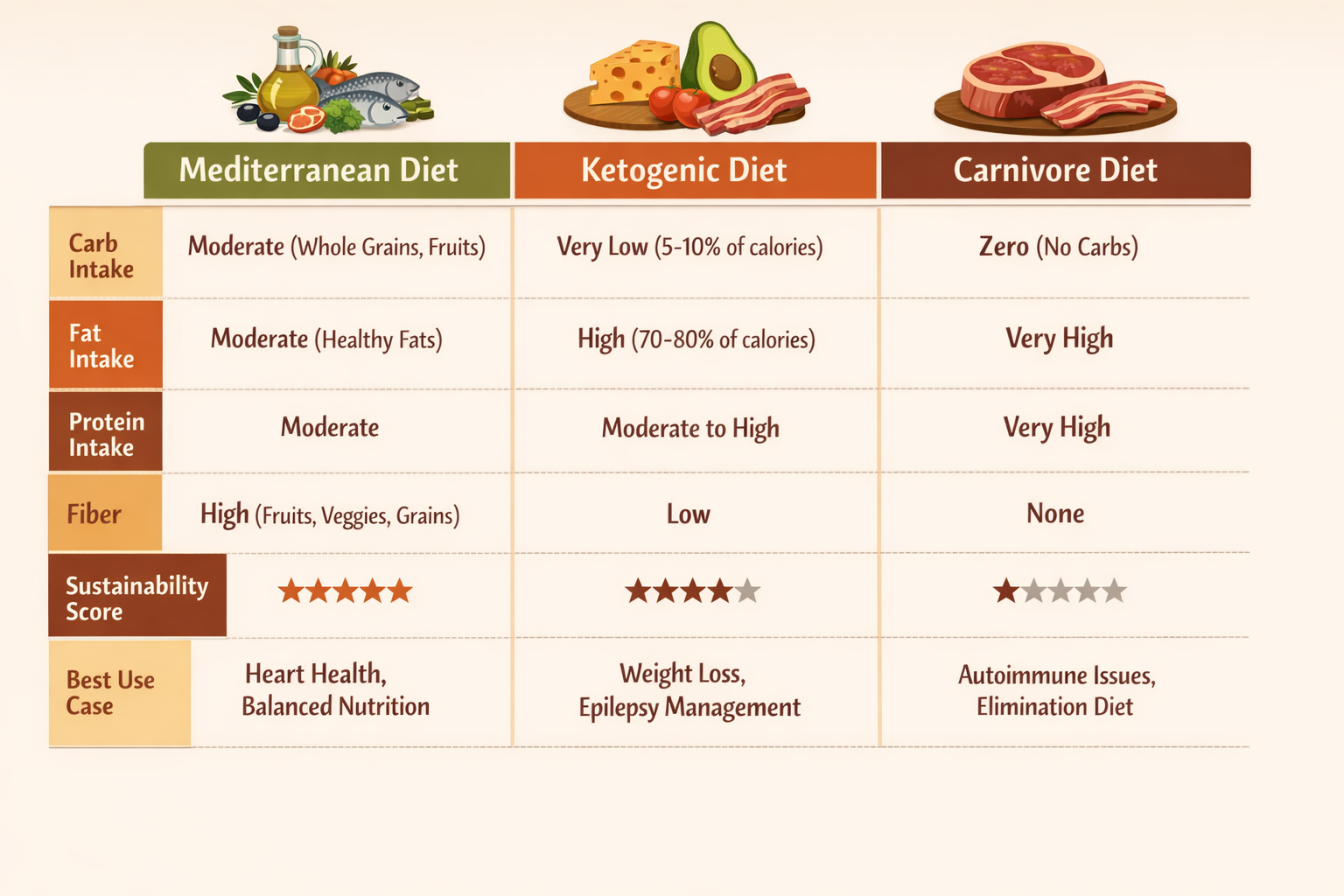 Side-by-side comparison table graphic: Mediterranean Diet vs. Ketogenic Diet vs. Carnivore Diet — rows for carb intake, fat