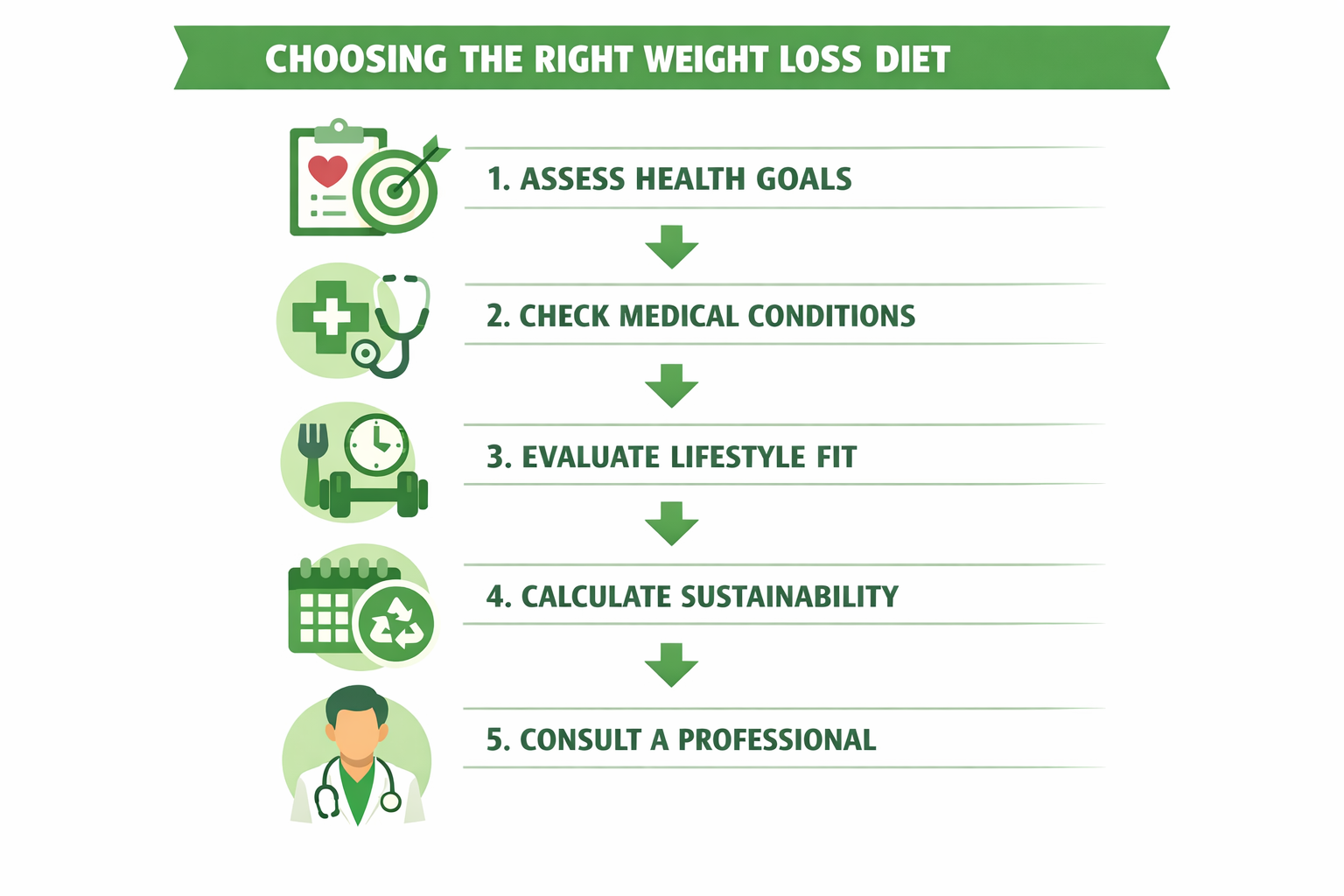 Step-by-step visual checklist for choosing the right weight loss diet: 5 decision steps with icons — assess health goals,