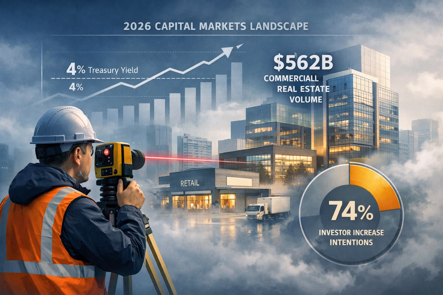Landscape format (1536x1024) detailed illustration showing the 2026 capital markets landscape with professional property surveyor in foregro