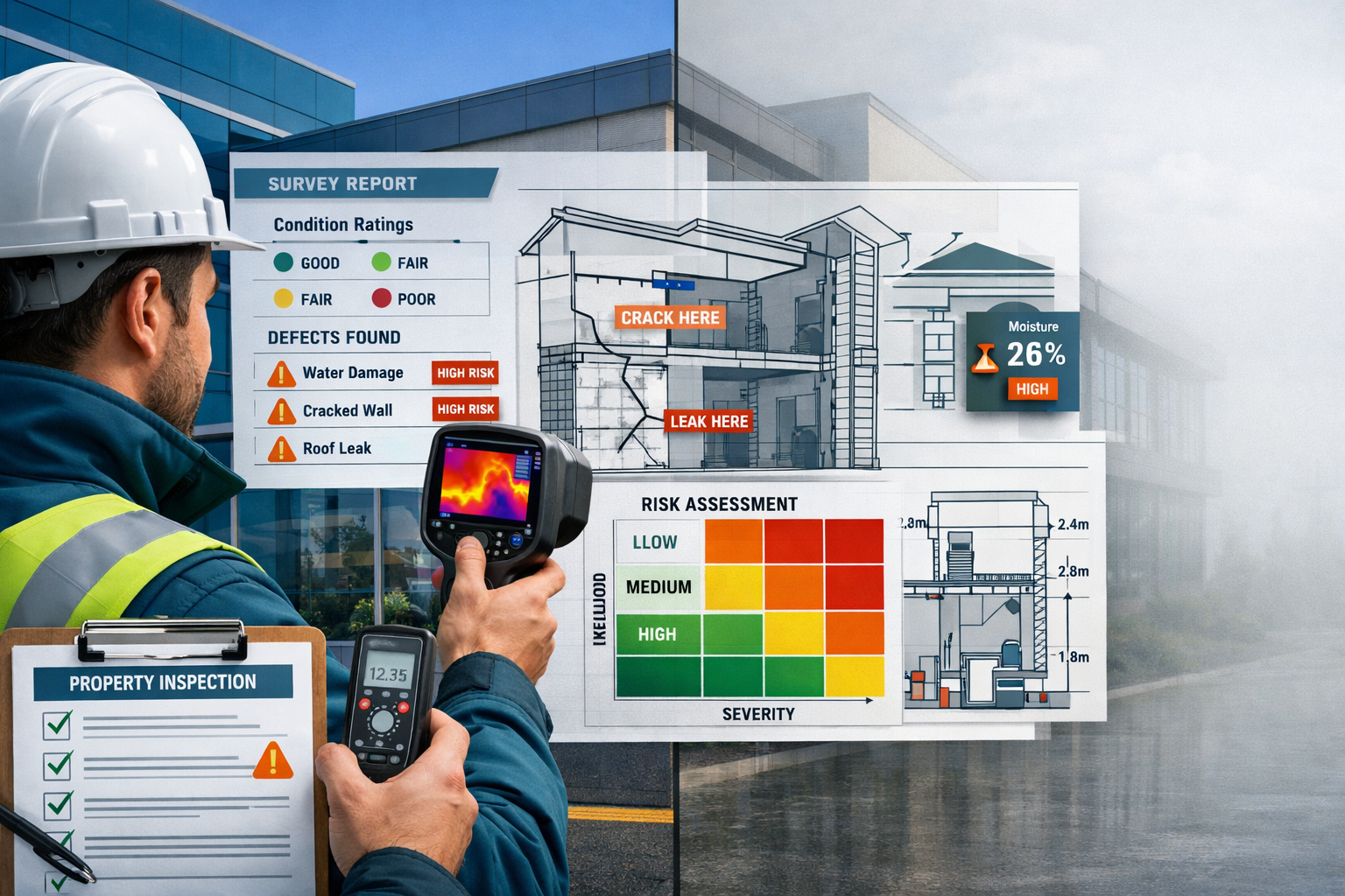 Landscape format (1536x1024) professional composition showing property surveyor conducting detailed building inspection with modern technolo