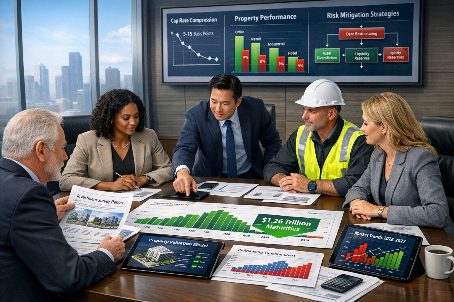 Landscape format (1536x1024) strategic planning scene showing diverse group of property investors and surveyor reviewing large-scale commerc