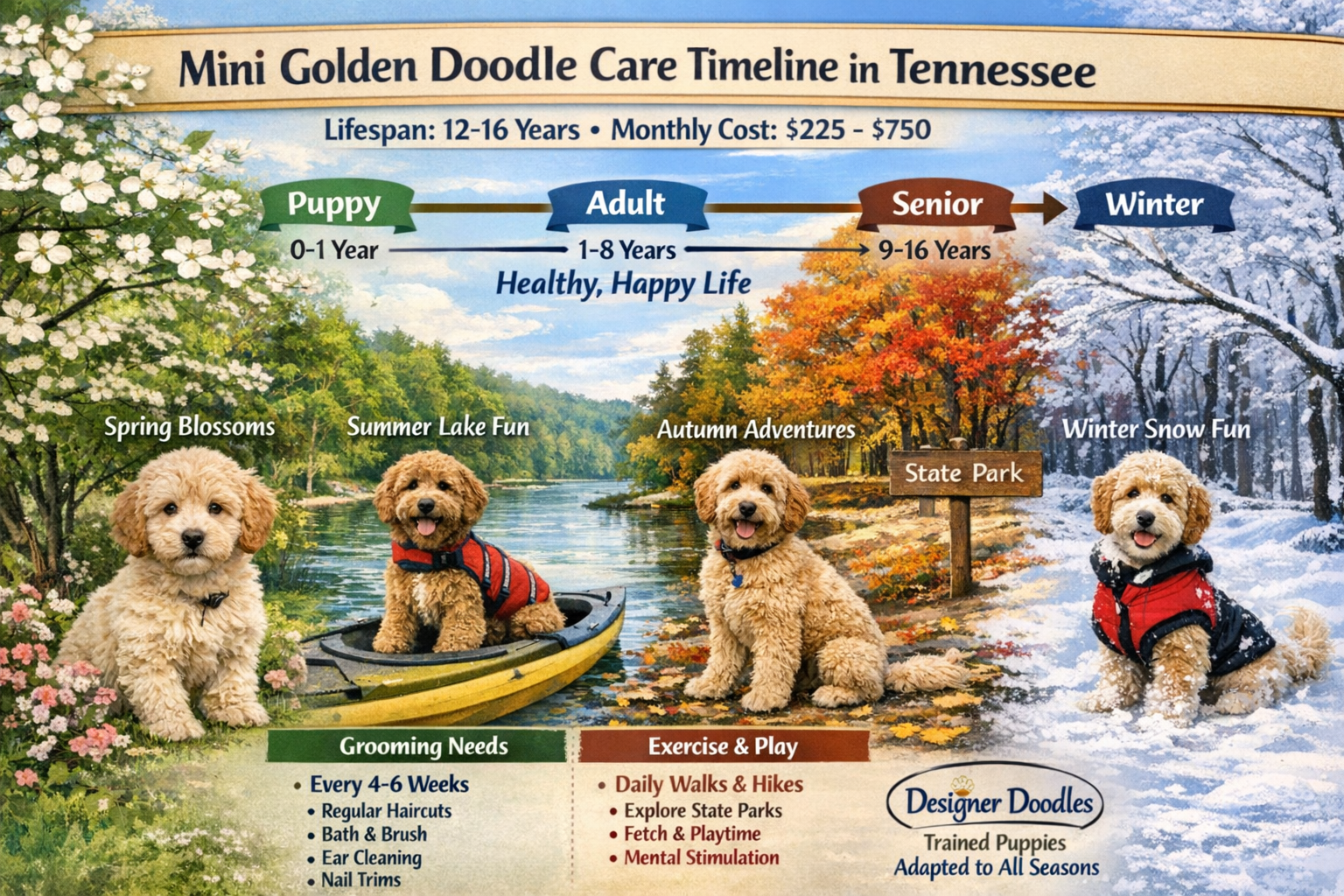 Comprehensive care timeline infographic for mini golden doodles in Tennessee climate. Visual shows 12-16 year lifespan with monthly cost bre