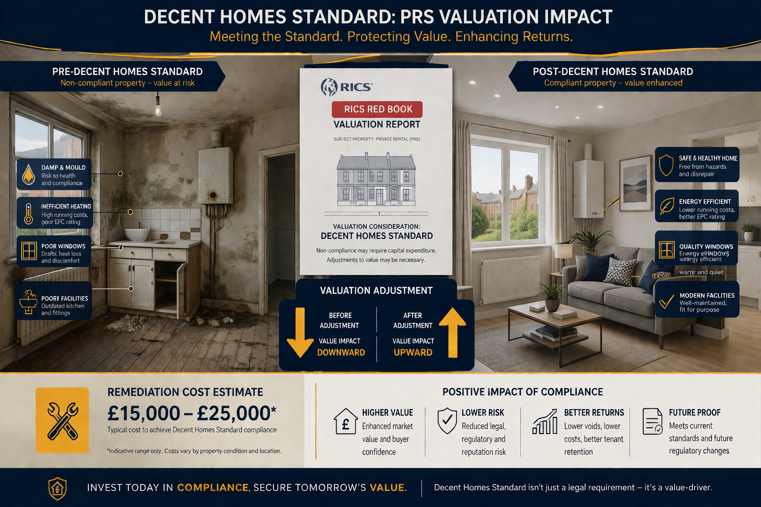 Detailed () editorial infographic illustration showing a split-scene: left side depicts a rundown private rental property