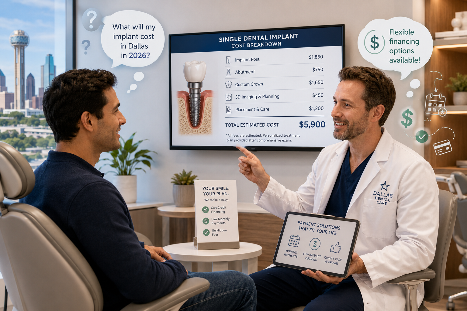An illustrative scene showing a patient confidently discussing treatment options and financing plans with a friendly, with