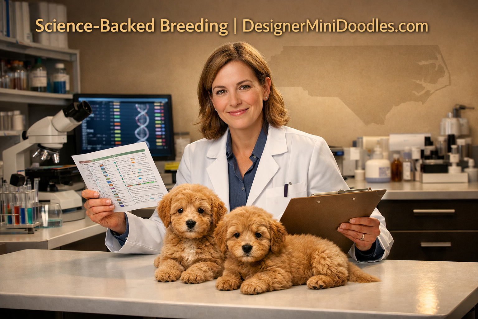 () editorial image showing a professional animal biology lab setting with a confident female scientist in a white coat