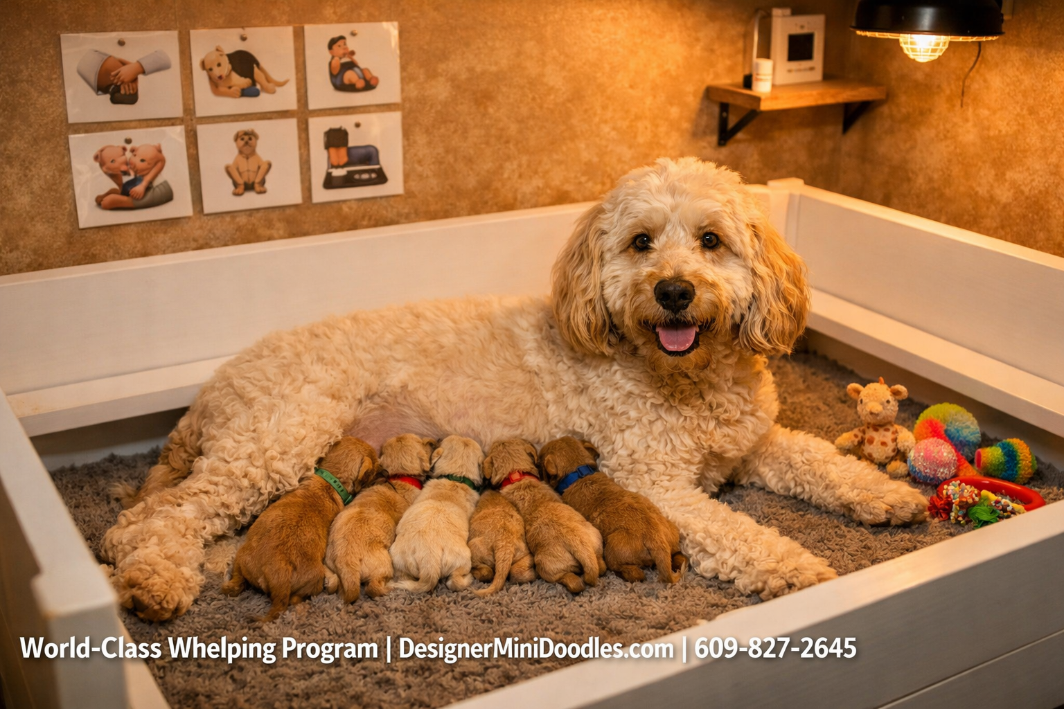 () warm editorial photo of a cozy professional whelping room with a mother goldendoodle nursing micro mini puppies in a