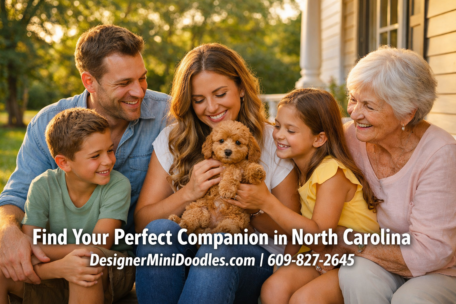 () lifestyle editorial photo of a happy North Carolina family — parents, two children, and a senior grandmother — sitting on