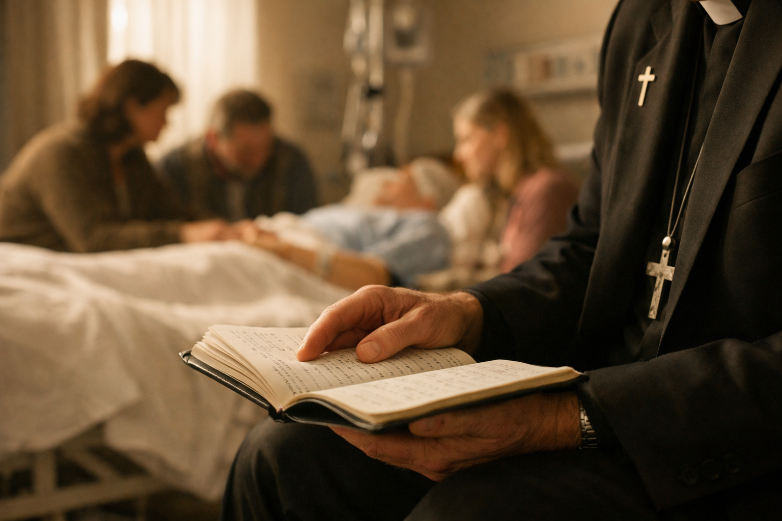 Landscape format (1536x1024) editorial image showing close-up of chaplain's compassionate hands holding open a prayer book or journal while 