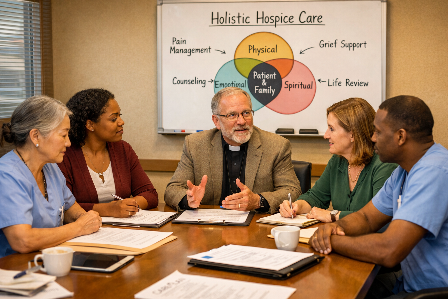 Landscape format (1536x1024) documentary-style image of interdisciplinary hospice team meeting, showing chaplain collaborating with nurses, 