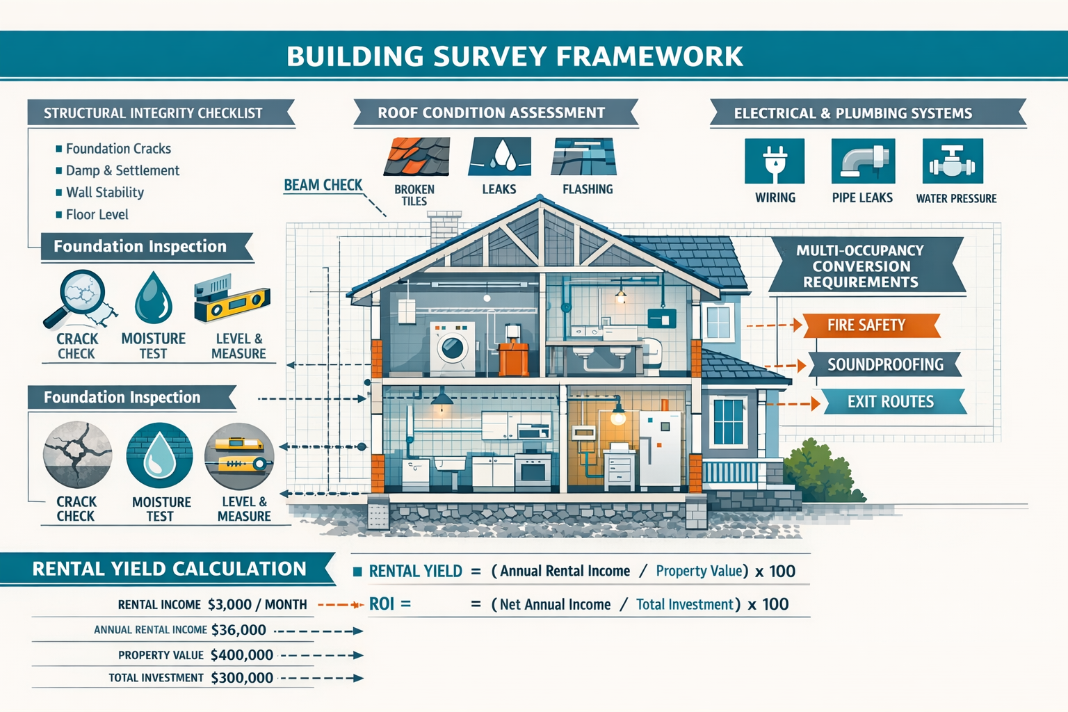 () detailed illustration showing comprehensive building survey framework diagram with multiple assessment layers: structural