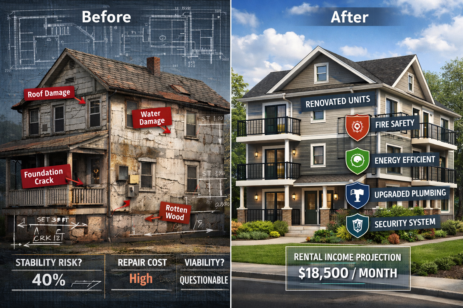 () split-screen composition showing before-and-after property conversion scenario: left side displays older residential