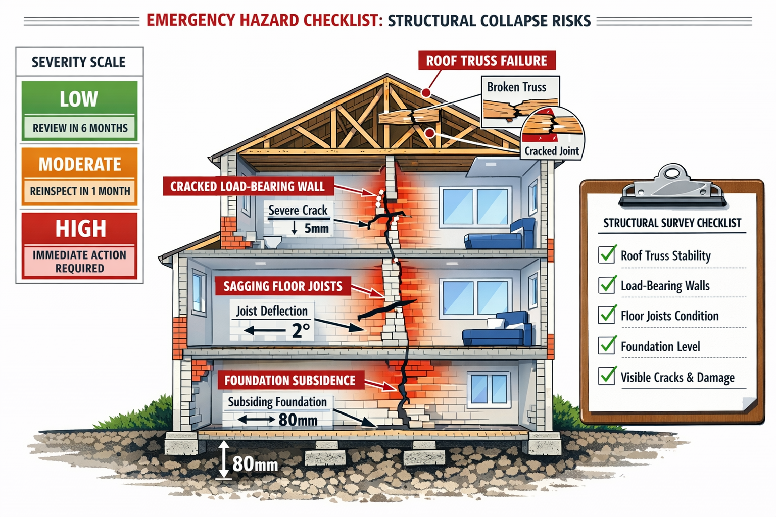 () detailed infographic showing emergency hazard checklist for structural collapse risks. Visual elements include annotated