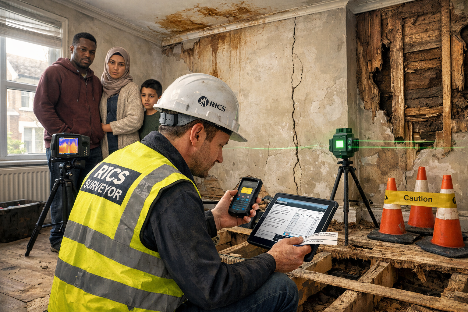 () detailed scene showing RICS Level 3 surveyor conducting structural investigation in occupied PRS property under Awaab's