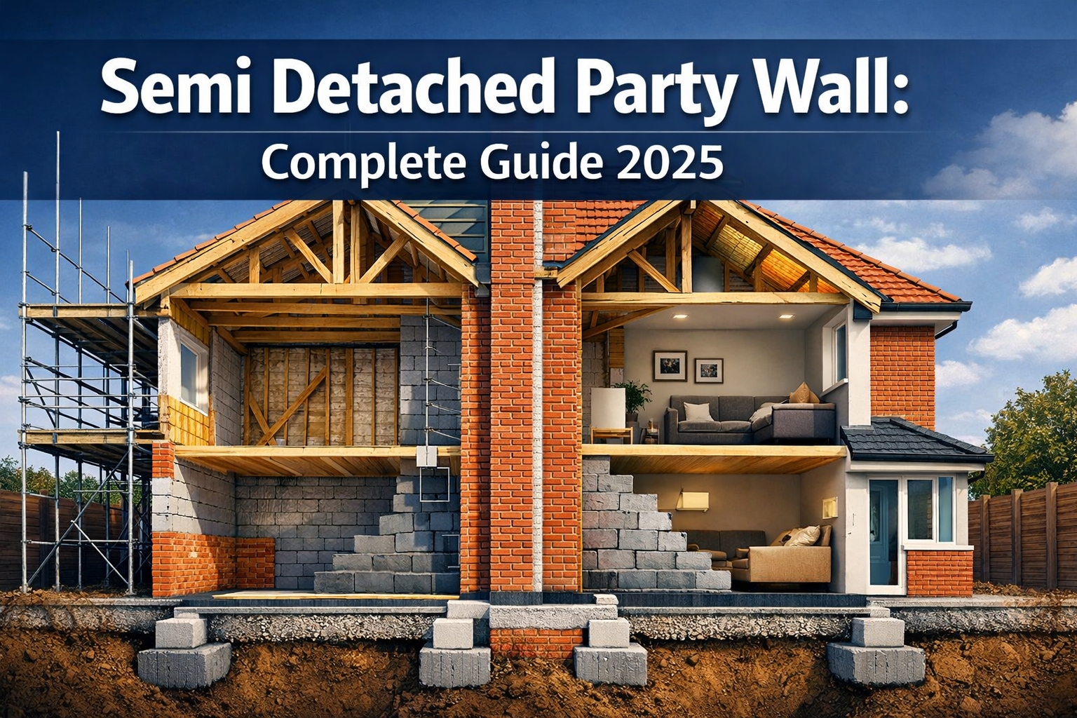 Professional landscape hero image (1536x1024) featuring bold text overlay 'Semi Detached Party Wall: Complete Guide 2025' in extra large 72p