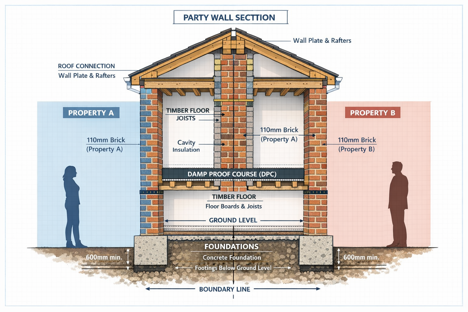 Detailed architectural cross-section illustration (1536x1024) showing the internal structure of a semi detached party wall between two prope