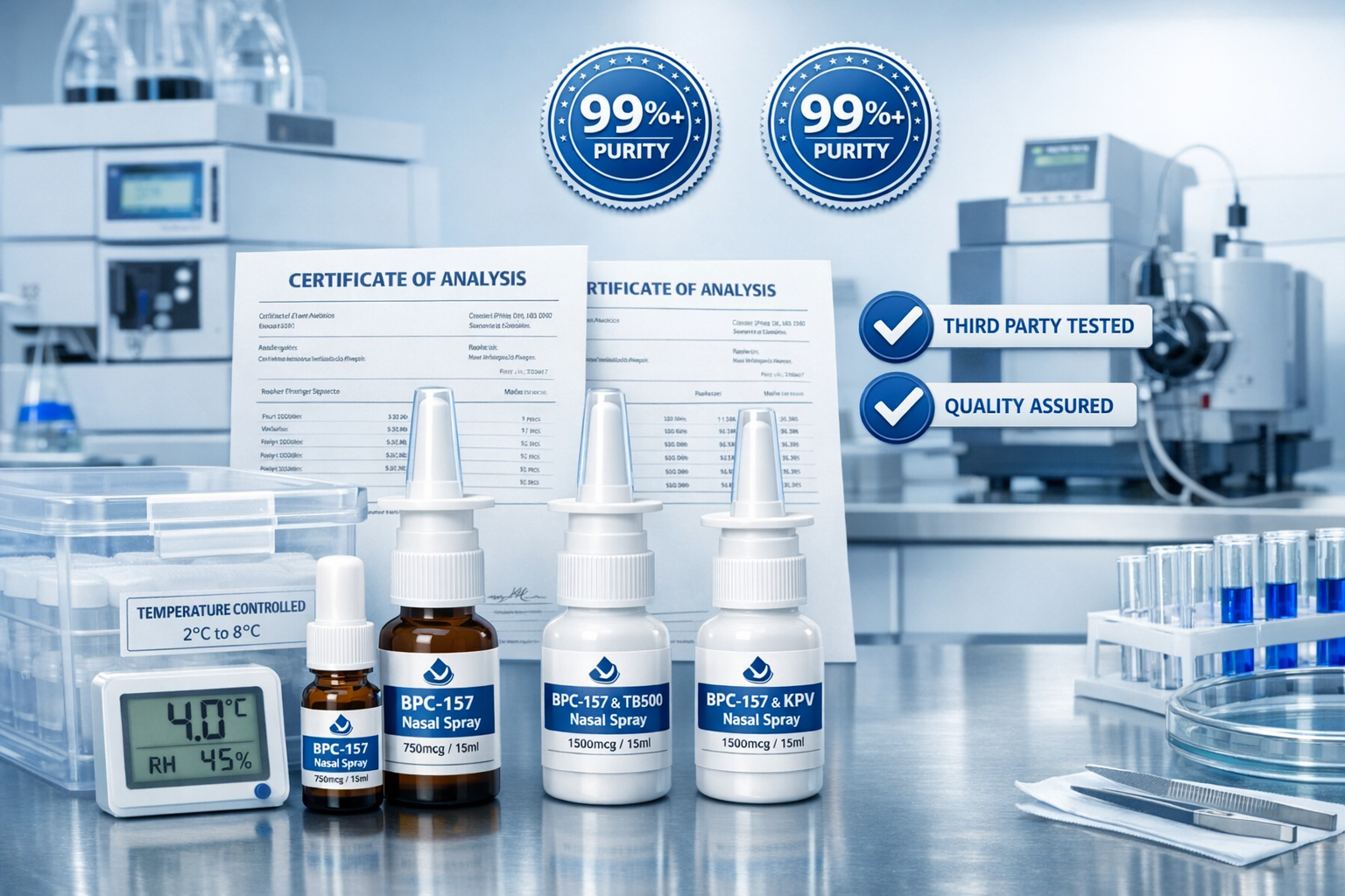 Professional product photography layout displaying various BPC nasal spray bottles with certificate of analysis documents, third-party testi