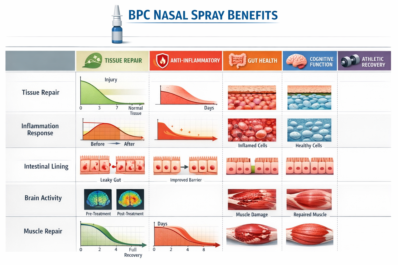 Infographic-style comparison table showing BPC nasal spray benefits across multiple research categories: tissue repair timeline graphs with 