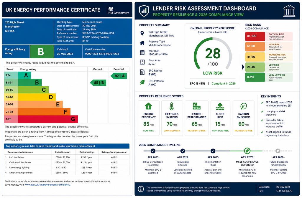 Wide-angle infographic style landscape () showing a split-screen composition: left side displays a UK EPC certificate with