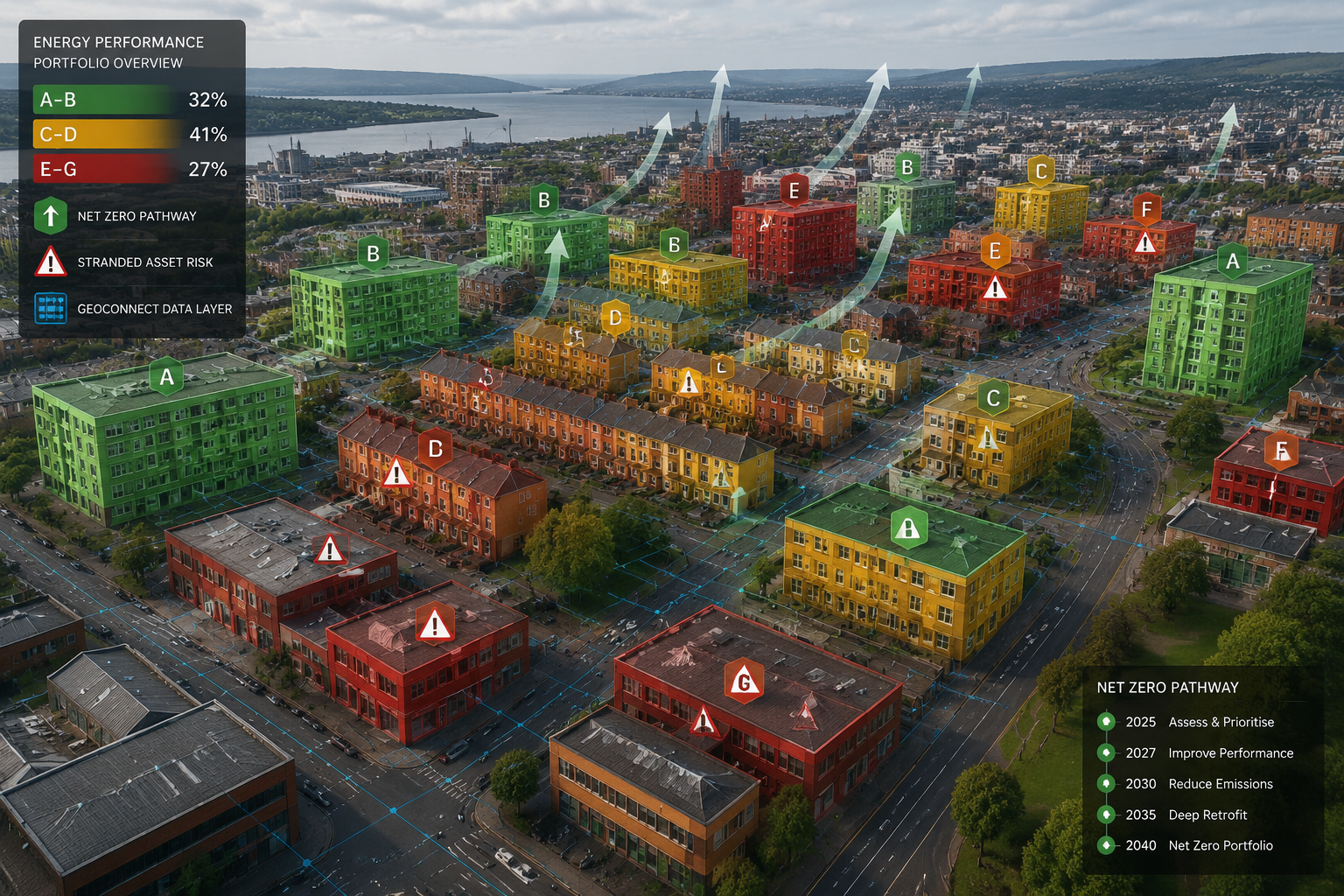 Aerial perspective landscape () of a mixed UK property portfolio — terraced houses, commercial buildings, and apartment