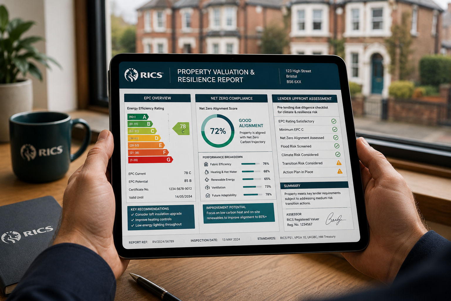 Close-up landscape () of a surveyor's hands holding a tablet displaying a property valuation resilience report with EPC