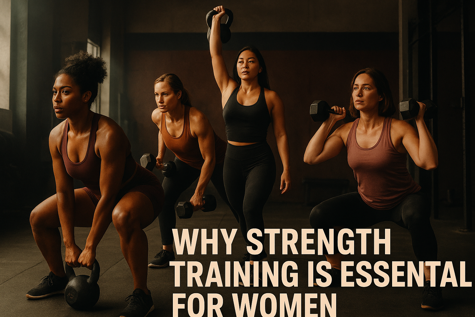 Editorial-style photography showcasing diverse women in strength training, representing different body types, ages (20-45), wearing athletic