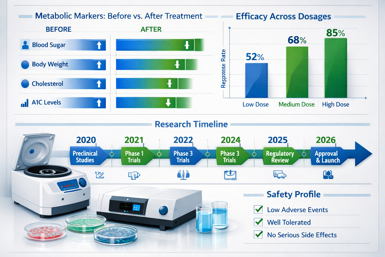 Research data visualization (1536x1024) displaying clinical trial results for GLP-3R peptide applications, split-screen comparison showing b