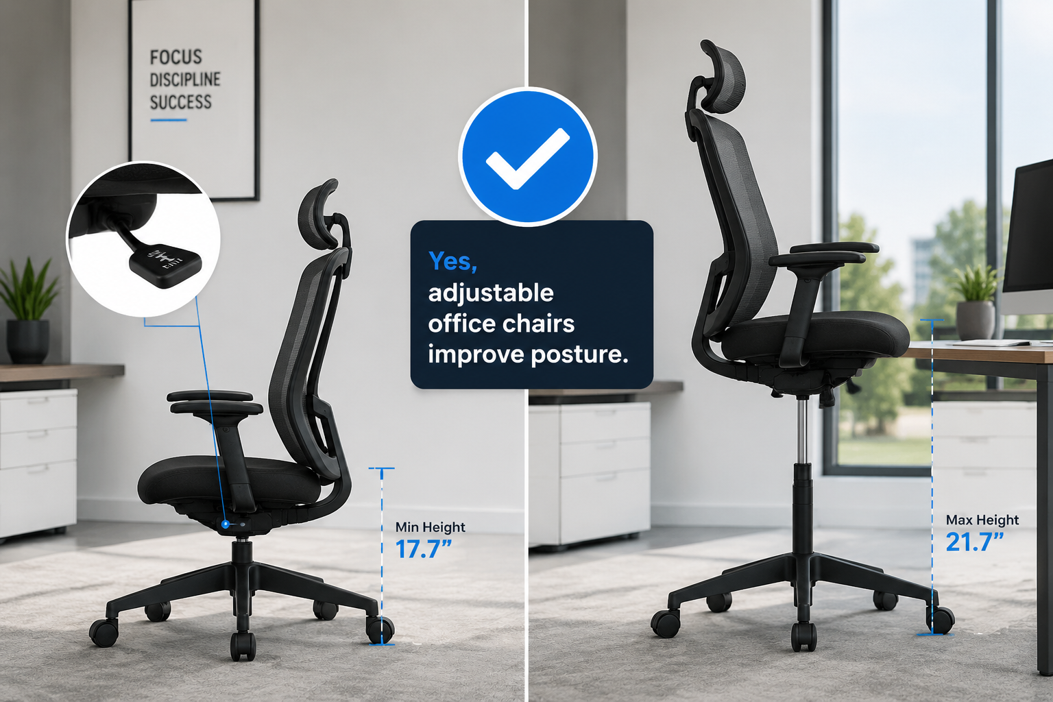 Section 1 Quick Answer: Clean, modern product photography of a premium office chair with adjustable height mechanism prominently featured, showing the gas cylinder and height adjustment lever in focus. Split-screen composition with left side displaying the chair at minimum height and right side at maximum height to demonstrate range. Include a bold checkmark icon overlay and concise text label 'Yes, adjustable office chairs improve posture.' Bright, neutral office environment background with soft natural lighting, professional corporate aesthetic, color palette of charcoal gray, white, and accent blue, 1536x1024 landscape format, editorial magazine quality. Do adjustable office chairs really help with posture and back pain?