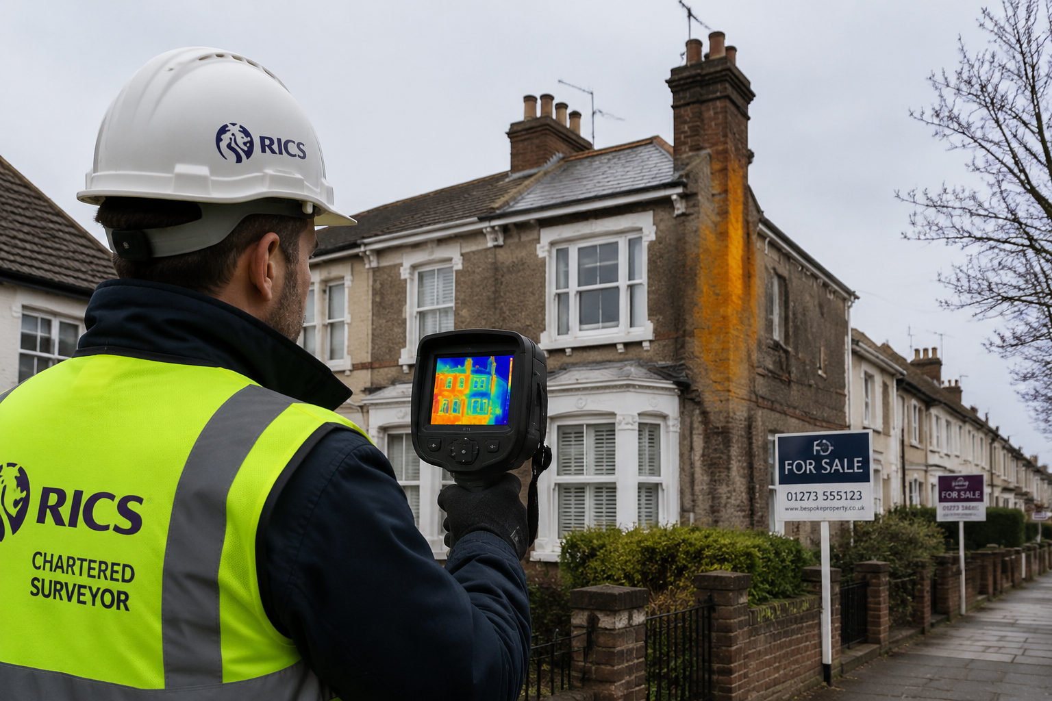Detailed () illustration showing a RICS chartered surveyor in hard hat and high-visibility vest holding a professional