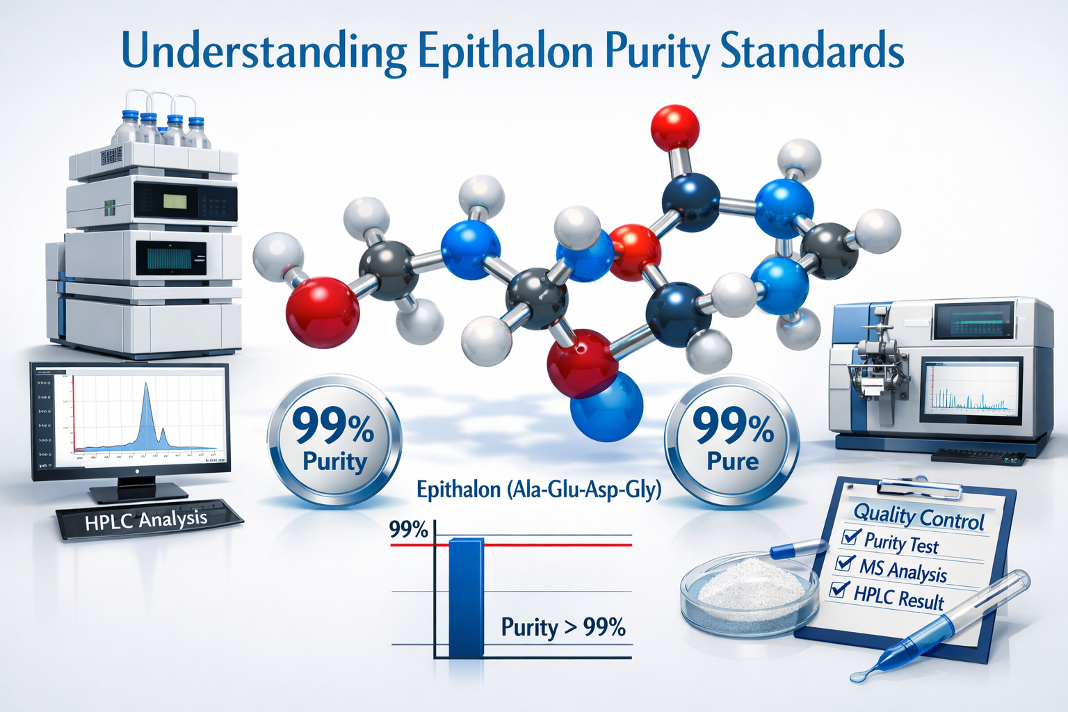 Detailed landscape format (1536x1024) scientific illustration showing molecular structure of epithalon tetrapeptide (Ala-Glu-Asp-Gly) with 3