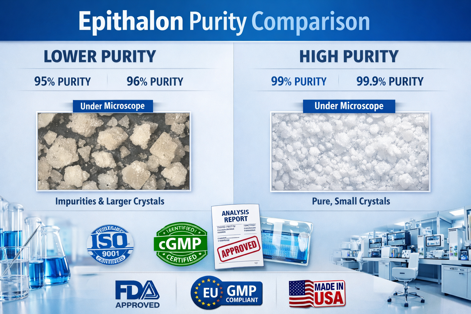 Professional landscape format (1536x1024) comparison chart showing different epithalon purity levels from 95% to 99.9%, with visual indicato