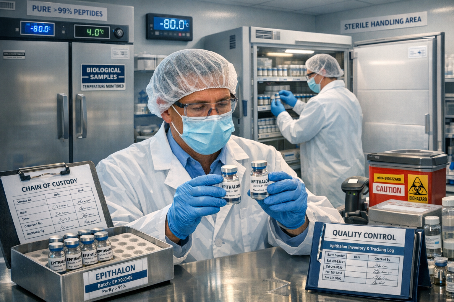 Detailed landscape format (1536x1024) research laboratory scene with scientist in white coat examining epithalon vials, storage refrigeratio