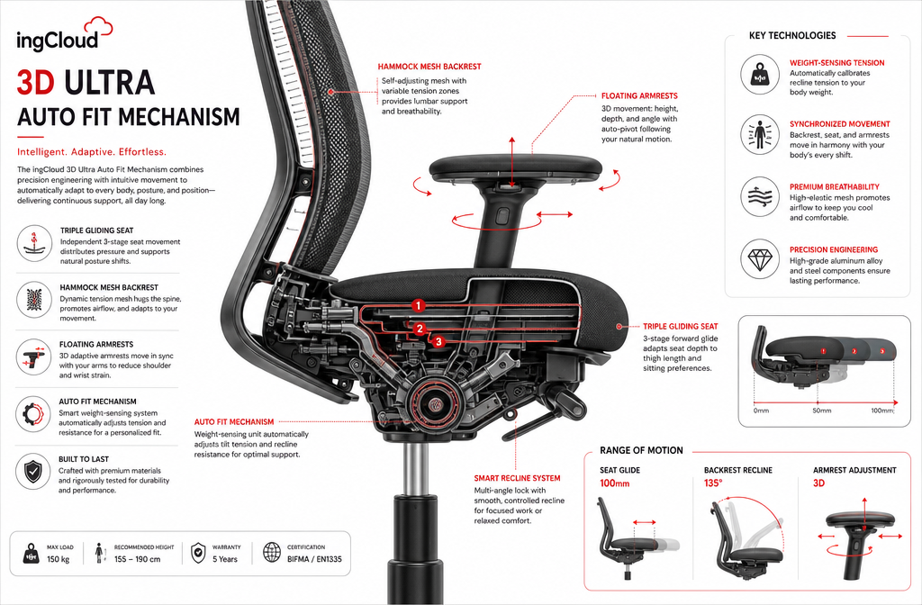 KOKUYO Chair Landscape format (1536x1024) detailed editorial image showing a close-up cross-section diagram of the ingCloud chair's 3D Ultra Auto Fit Mechanism — triple gliding seat, hammock mesh backrest, and floating armrests — rendered in clean product-design blueprint style with labeled callouts, white background, red and charcoal accent lines, technical illustration quality, product innovation focus, no people present, precision engineering aesthetic.