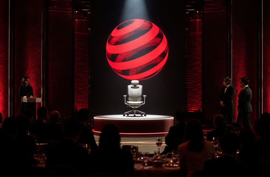 KOKUYO ingCloud office chair Landscape format (1536x1024) wide-angle shot of the Red Dot Design Award ceremony setting with a sleek display podium featuring the ingCloud chair under dramatic spotlight, a large red circular Red Dot award logo projected on a dark background wall, award ceremony atmosphere, deep red and black color scheme, professional event photography style, sense of prestige and global recognition, no text overlay needed, editorial documentary quality. Design Philosophy: Becoming One with the Chair