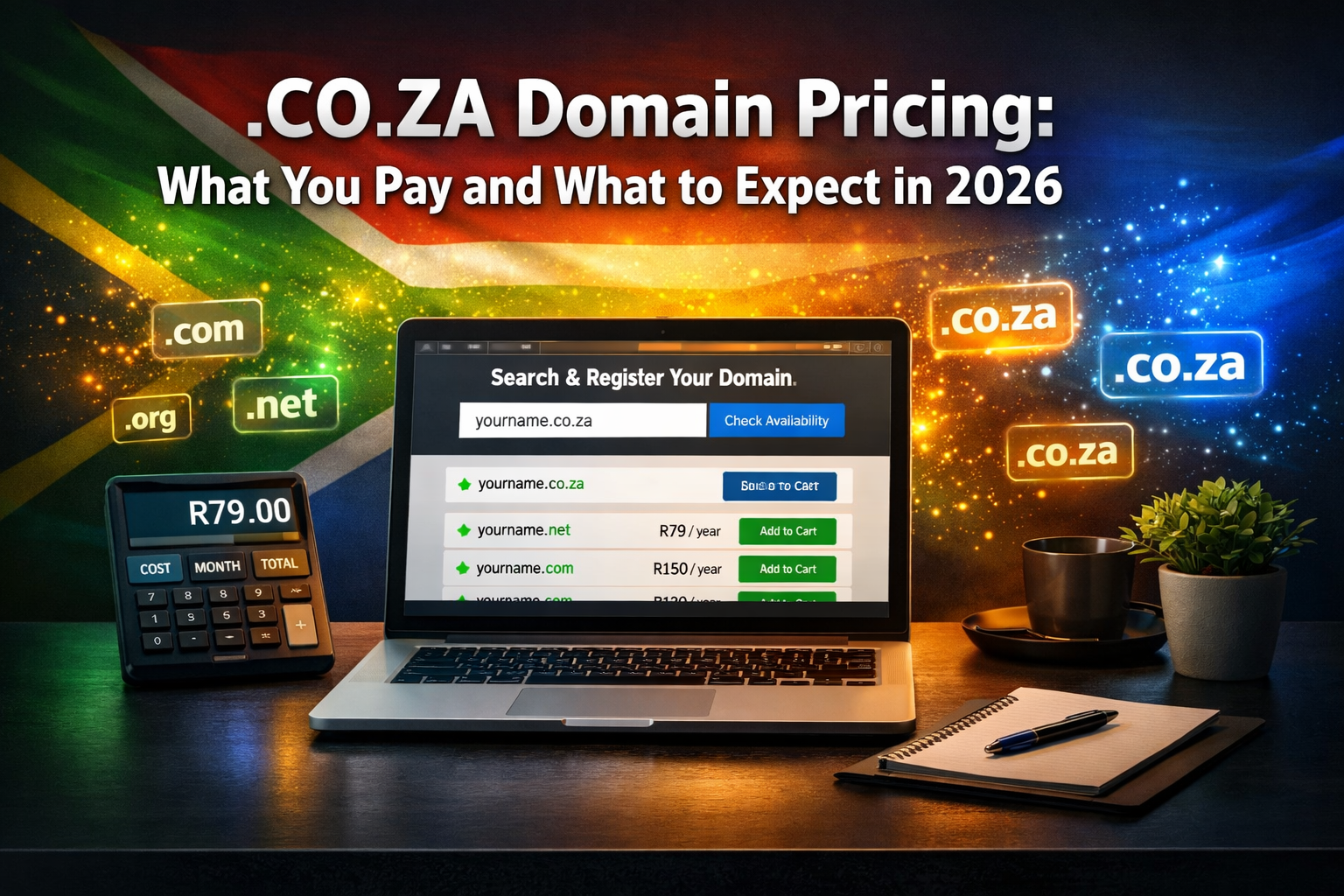 Professional landscape format (1536x1024) hero image featuring bold text overlay '.CO.ZA Domain Pricing: What You Pay and What to Expect in 