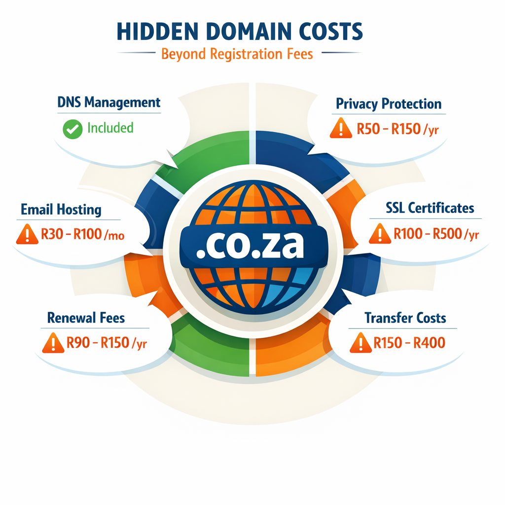 Square format (1024x1024) illustrated breakdown of hidden domain costs beyond registration fees. Visual elements include circular diagram wi