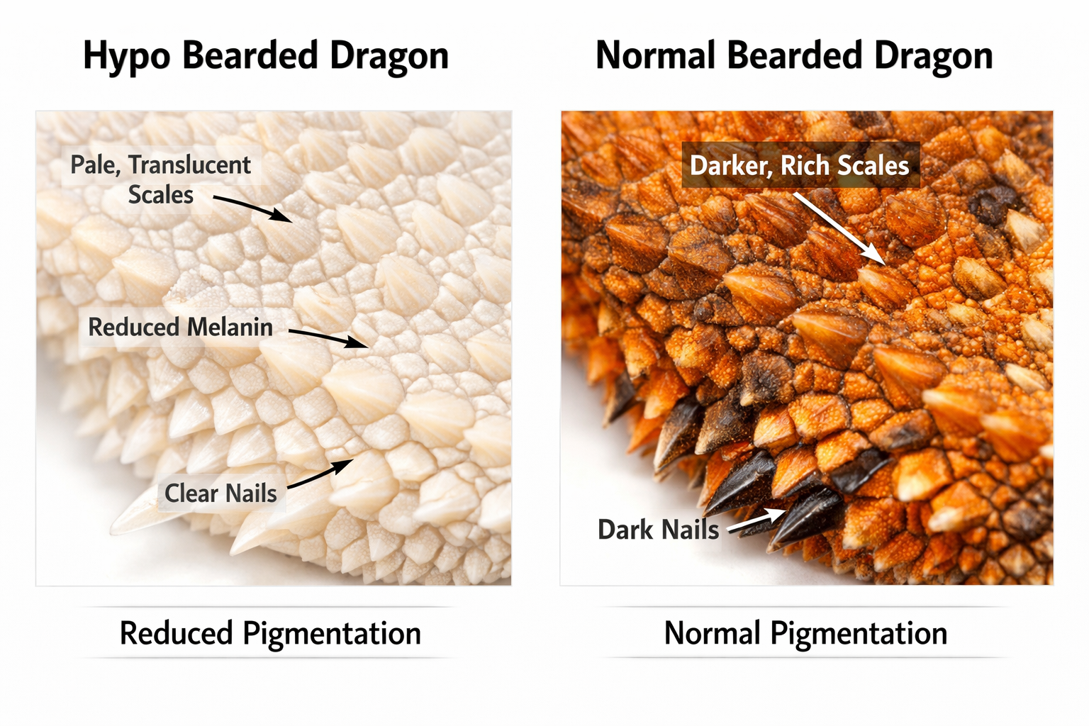 Close-up macro photography of hypo bearded dragon scales showing translucent, pale coloration and reduced pigmentation compared to normal be