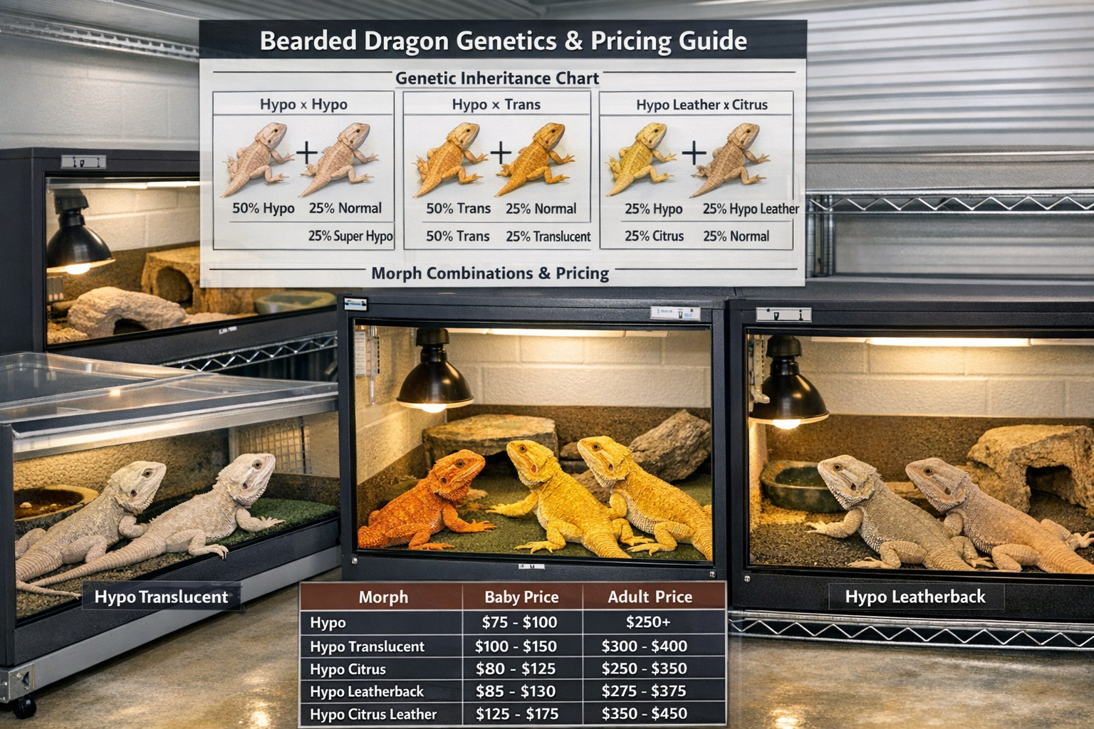 Breeding facility showing multiple hypo bearded dragon morphs including hypo trans, hypo citrus, and hypo leatherback variations. Profession