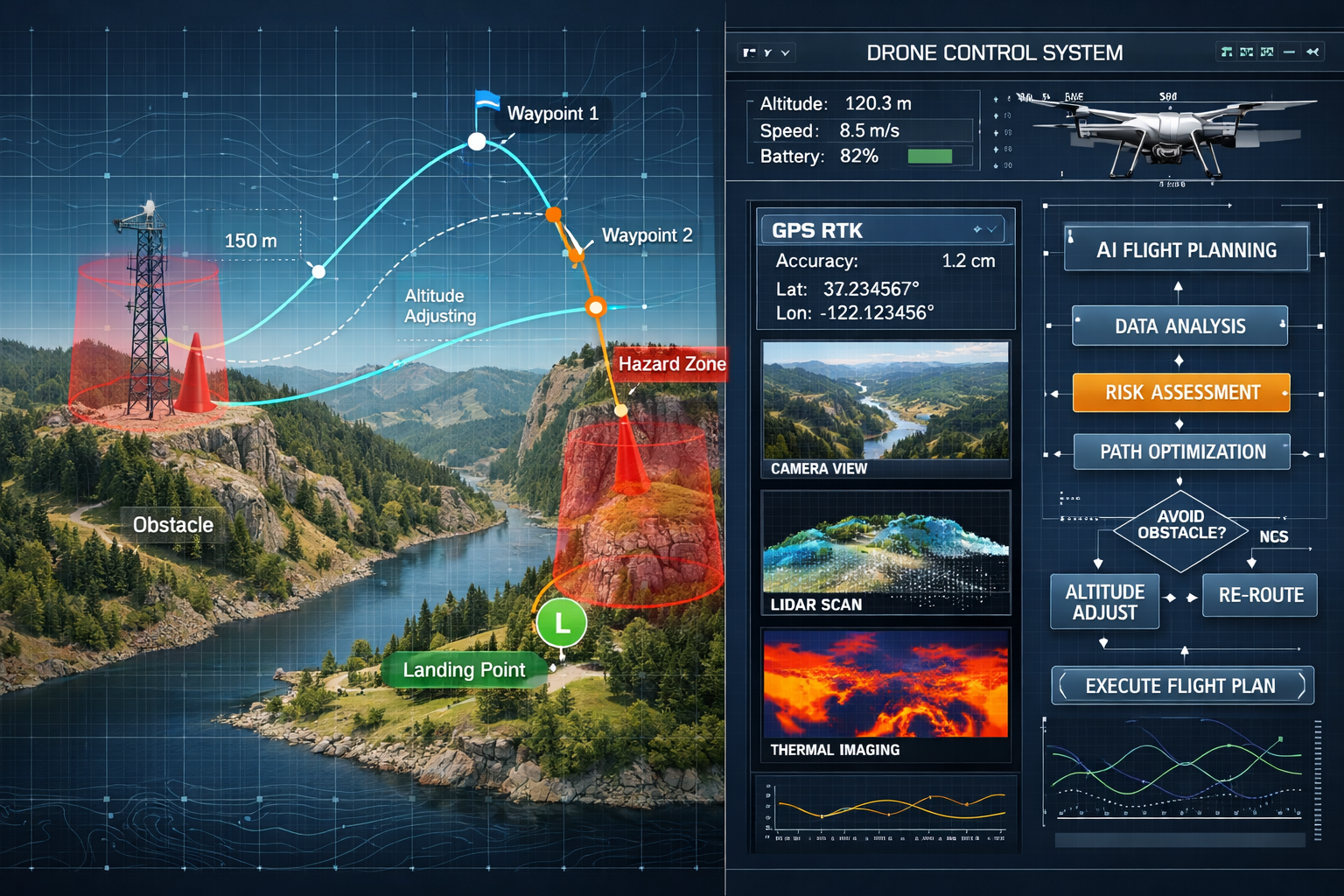 Landscape format (1536x1024) detailed technical illustration showing autonomous drone flight path planning system with split-screen composit