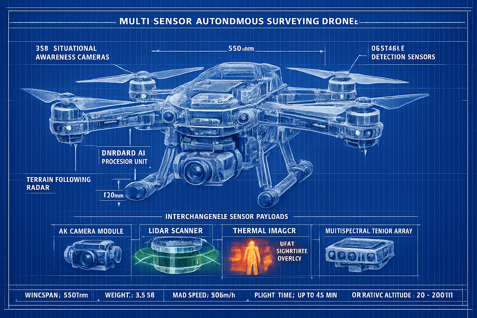 Landscape format (1536x1024) cutaway technical diagram of multi-sensor autonomous surveying drone showing interchangeable sensor payload sys