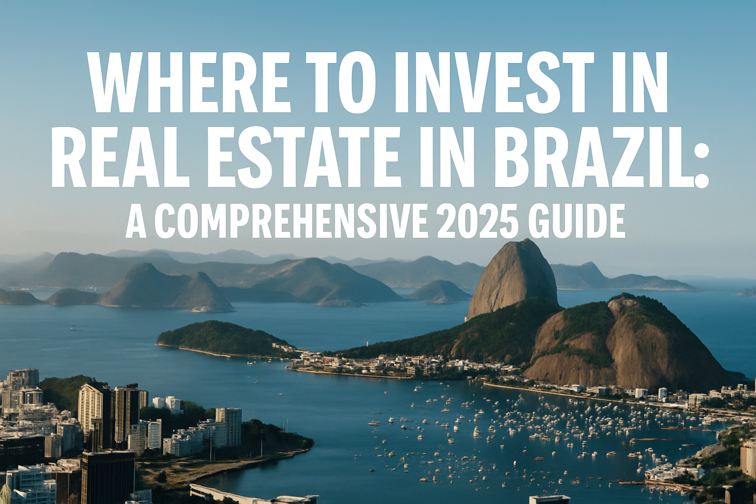 Professional landscape hero image (1536x1024) with bold text overlay: "Where to Invest in Real Estate in Brazil: A Comprehensive 2025 Guide"