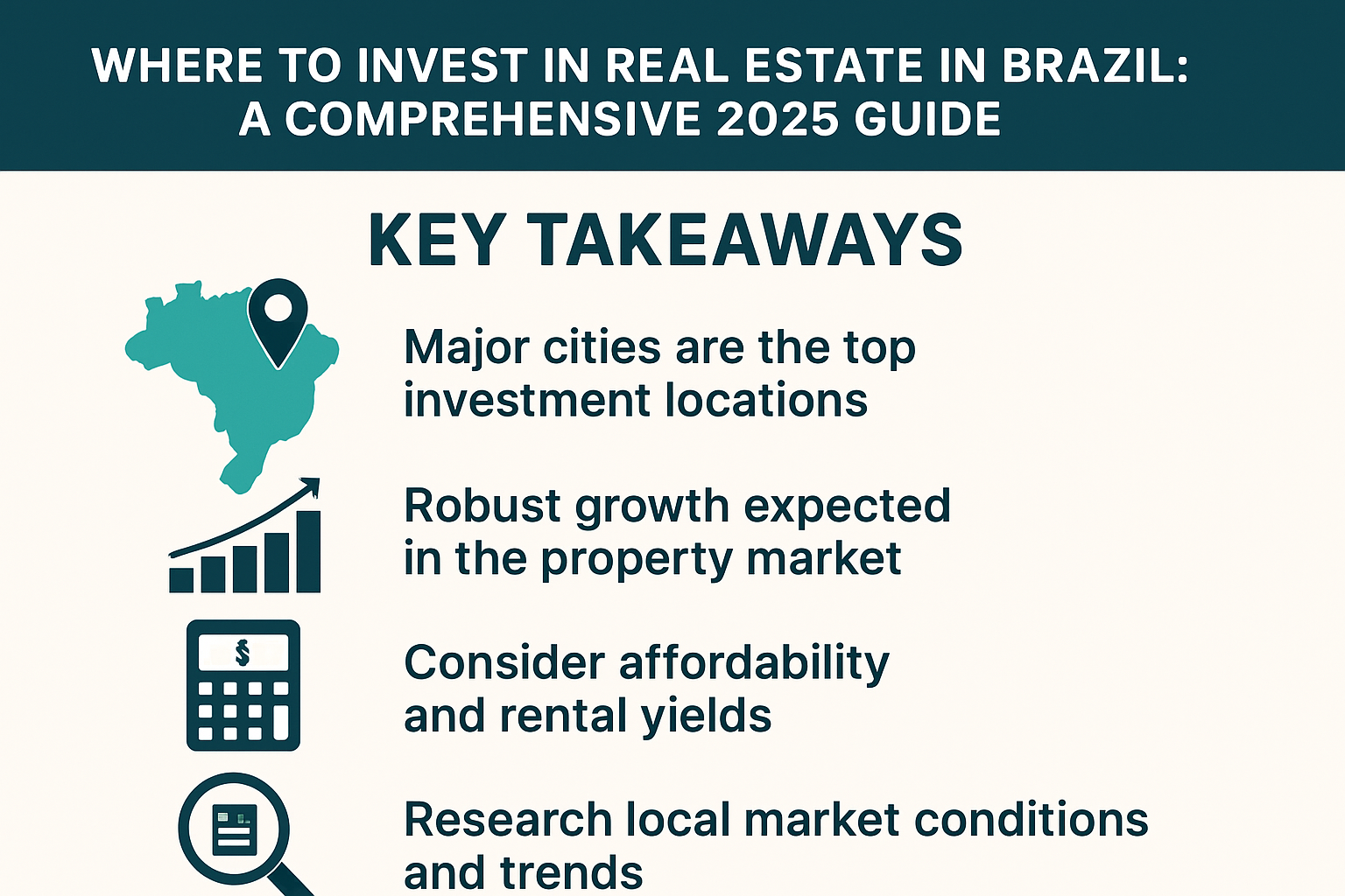 Professional landscape infographic (1536x1024) for article "Where to Invest in Real Estate in Brazil: A Comprehensive 2025 Guide", section: 