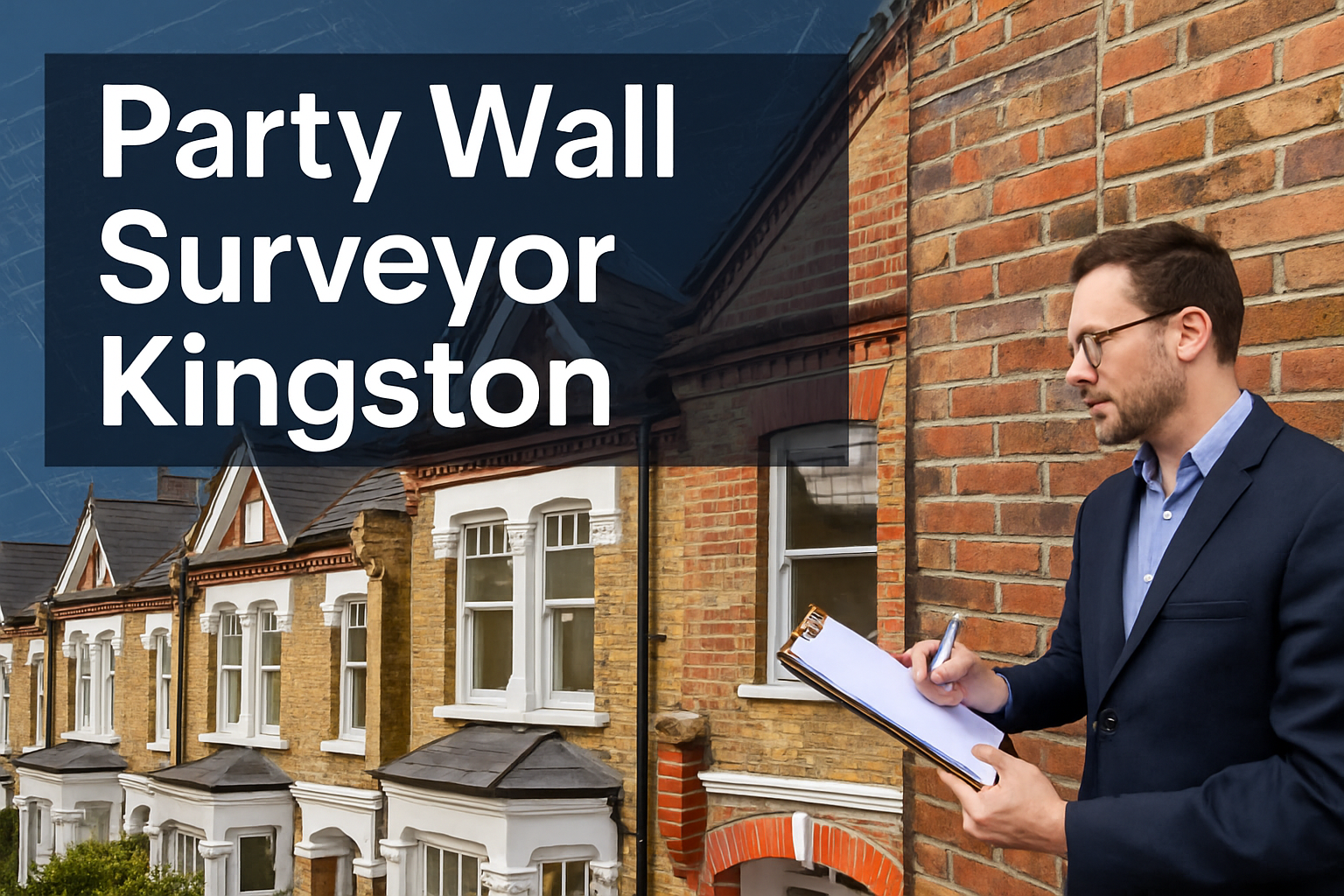 Professional landscape hero image (1536x1024) featuring bold text overlay 'Party Wall Surveyor Kingston' in extra large 72pt white sans-seri