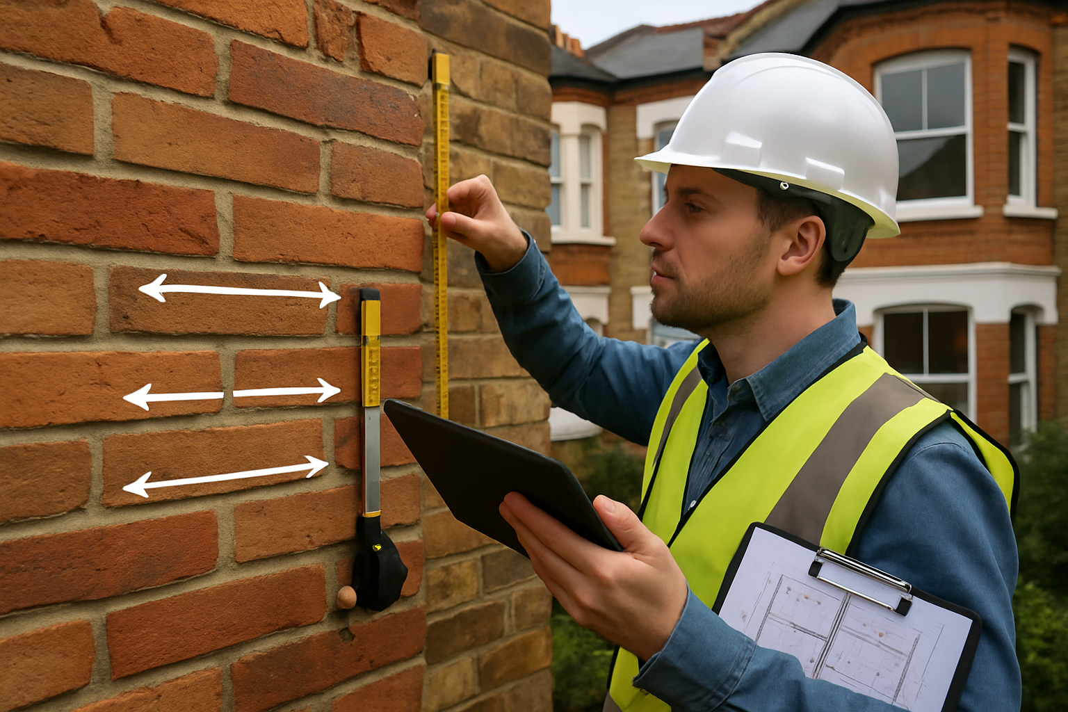 Detailed editorial image showing professional party wall surveyor in Kingston conducting thorough inspection of shared brick wall between tw