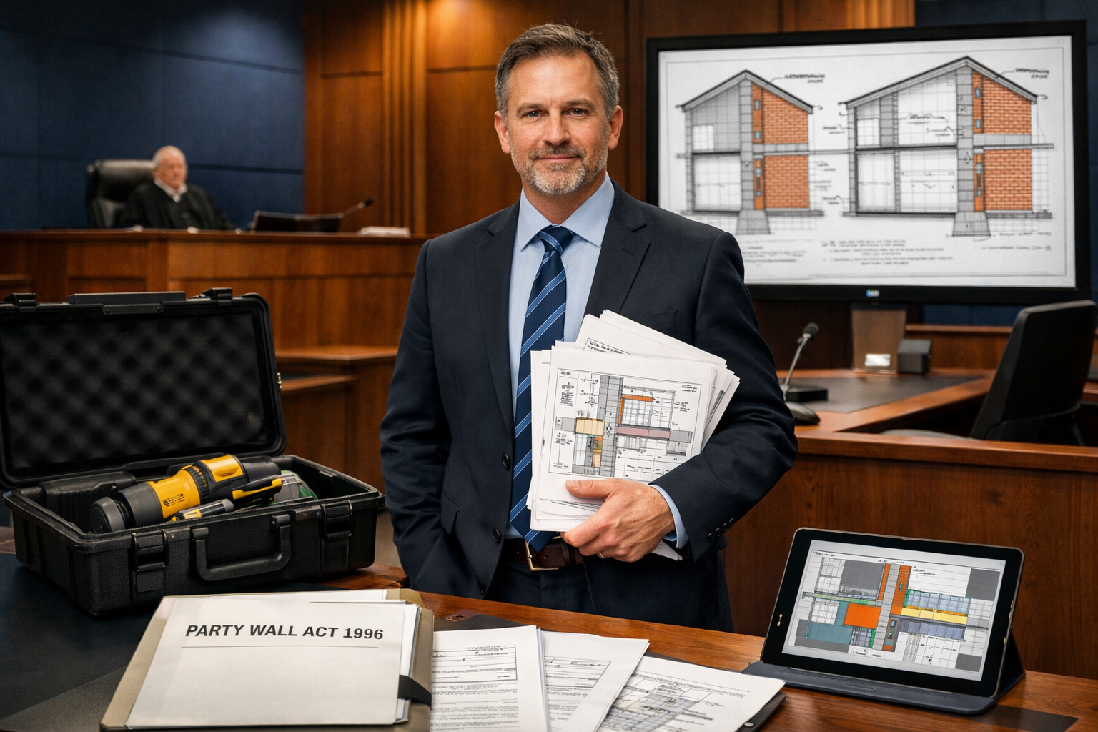 Landscape format (1536x1024) editorial image showing professional expert witness in formal business attire standing confidently in modern co