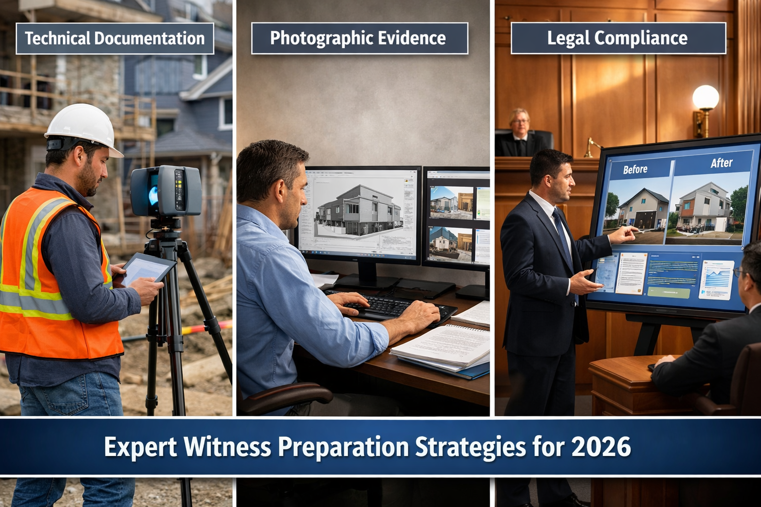 Landscape format (1536x1024) professional composite image showing three-panel comparison of successful expert witness preparation strategies