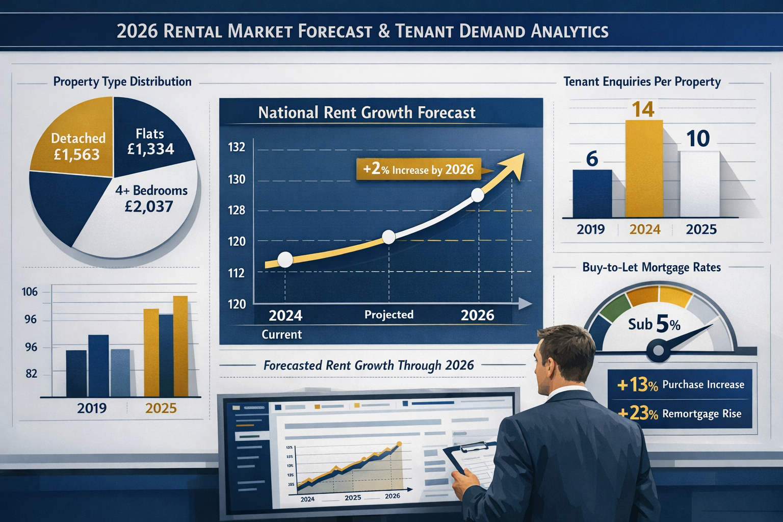 Landscape format (1536x1024) detailed dashboard-style visualization showing 2026 rental market forecast and tenant demand analytics. Central
