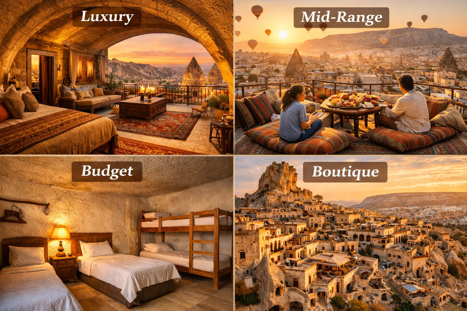 Detailed () editorial collage image showing four distinct Cappadocia accommodation styles side by side: top-left shows a