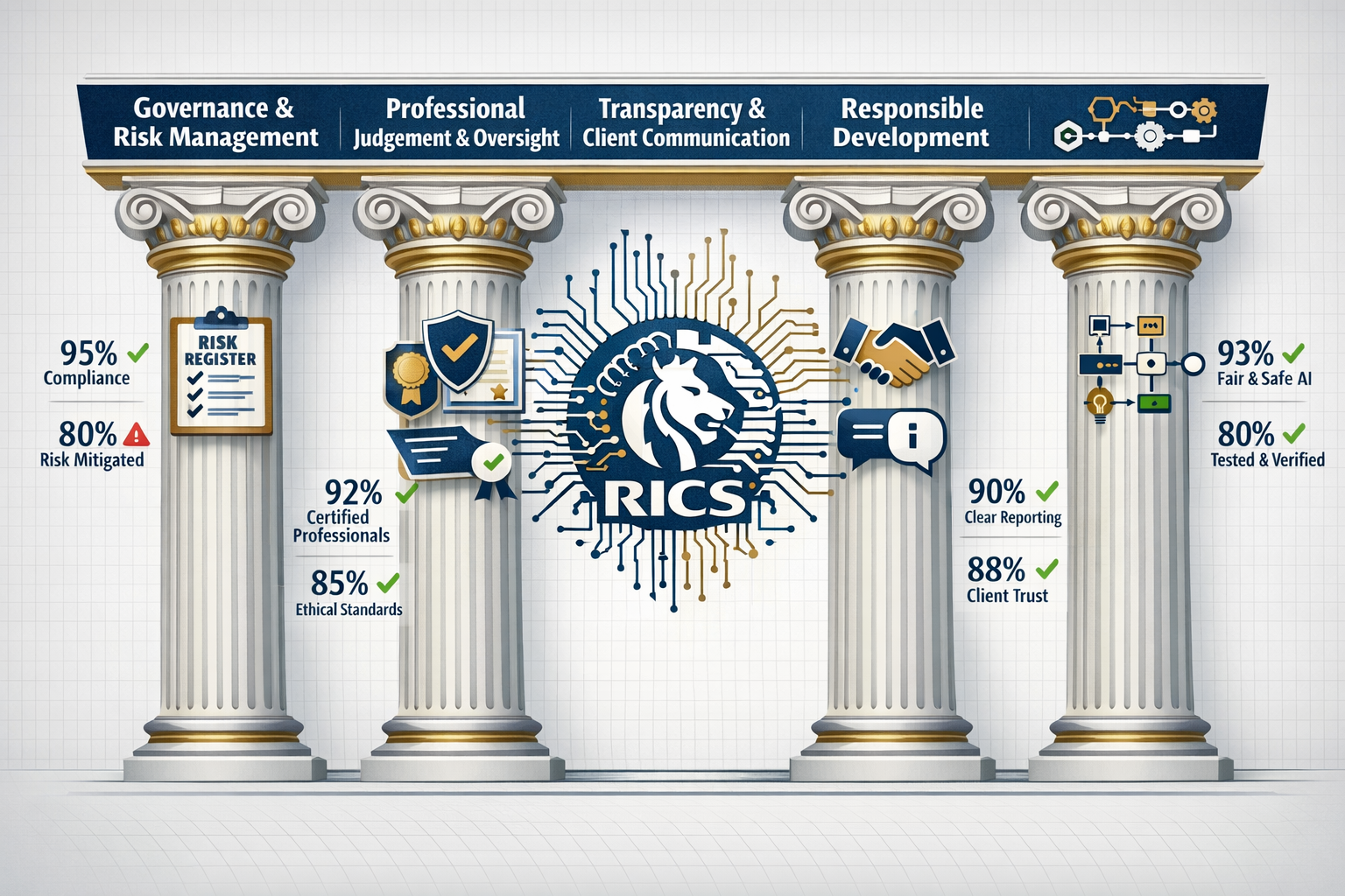 () detailed infographic showing four interconnected pillars of RICS AI governance framework as modern architectural columns.